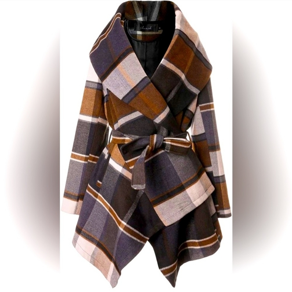 Plaid Wool Wrap Coat w/ Belt Tie